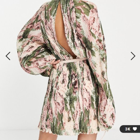 ASOS DESIGN Plisse Mini Dress Floral Printed Blouson Sleeves Romantic M 8 - Picture 3 of 9